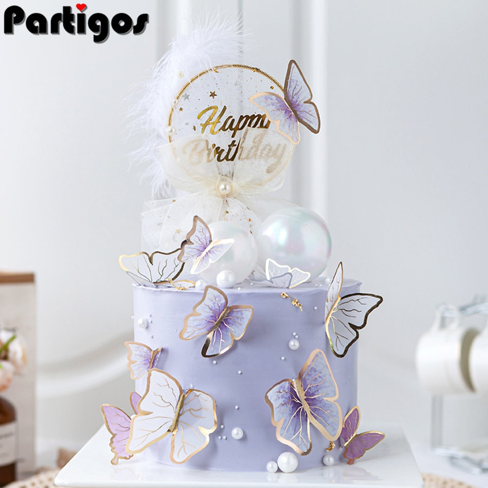 10pcs Handmade Purple Pink Butterfly Cake Toppers For Happy Birthday Party Cake Decoration Wedding Baby Shower Baking Supplies